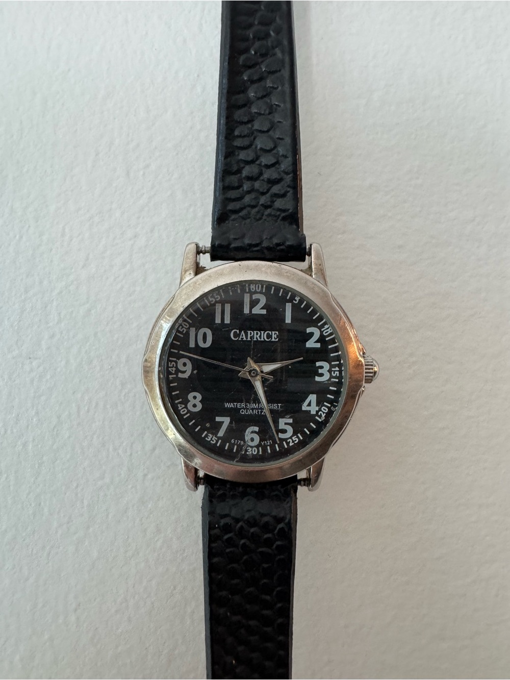 Vintage Caprice Silver Tone Black Dial Field Watch Textured Black Leather Strap